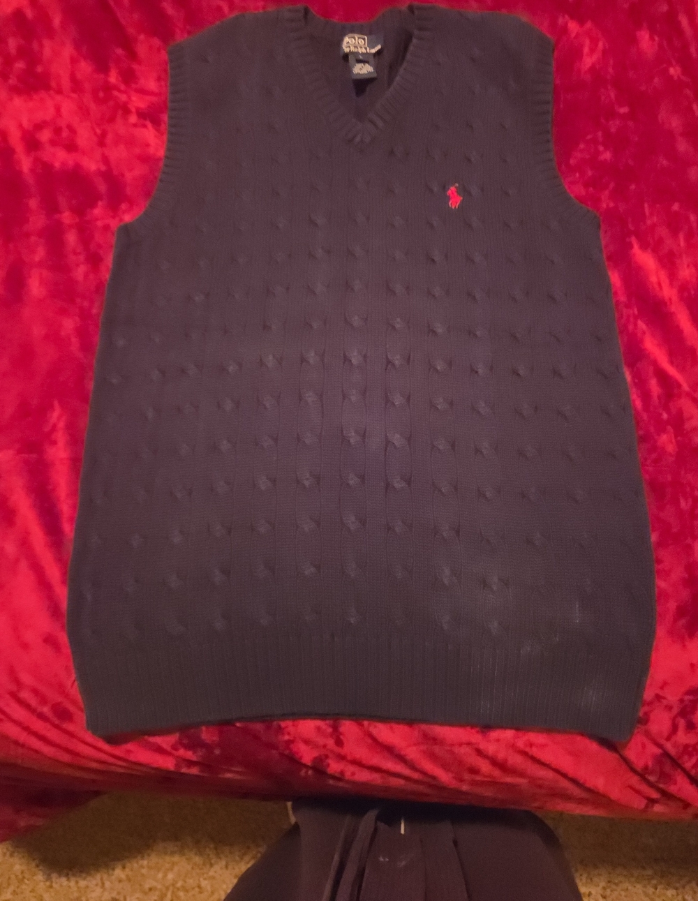 Polo by Ralph Lauren Navy V-Neck Cable Knit Sweater Vest with Red Pony
